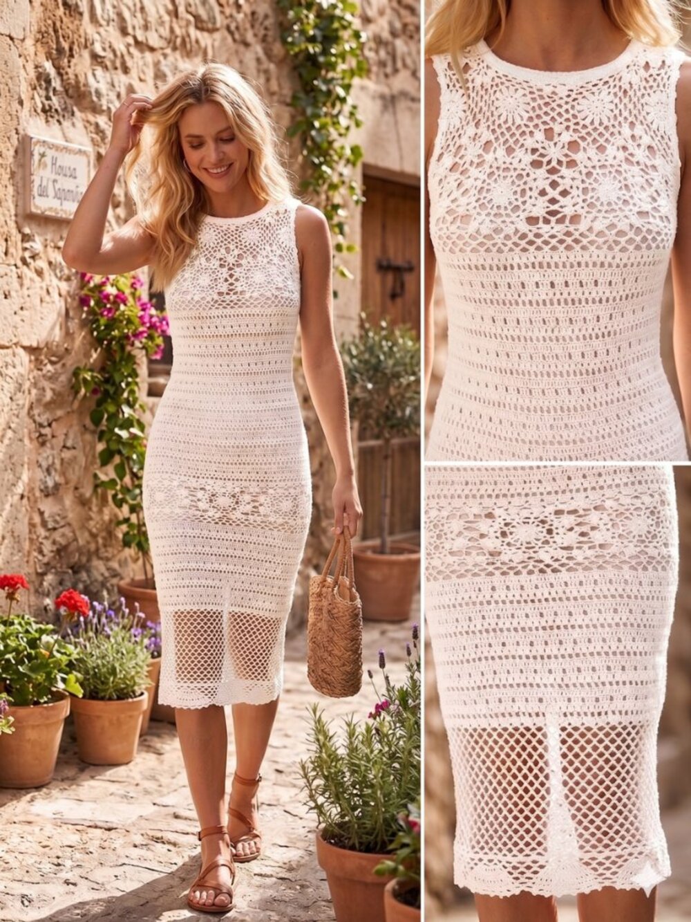 Alice + Olivia White Crochet Knit Midi Dress Sleeveless Fitted Boho Sheath S P